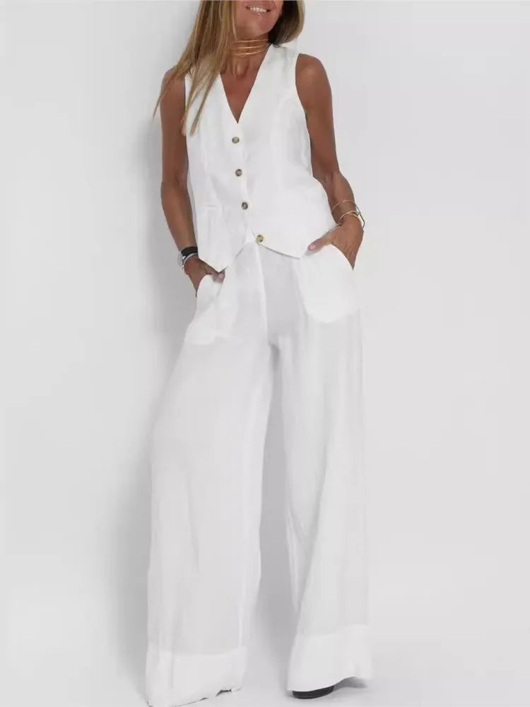 Women's sleeveless vest and pants set, white with gold-tone buttons, wide-leg two-piece on Tampa Home & Garden Store