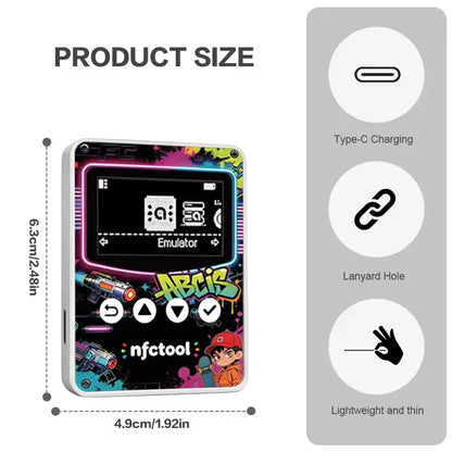 Amiibo OLED Emulator FLIPSTYLEZLLC with colorful arcade artwork, compact handheld 4.9x6.3 cm, Type-C charging on Tampa Home & Garden Store