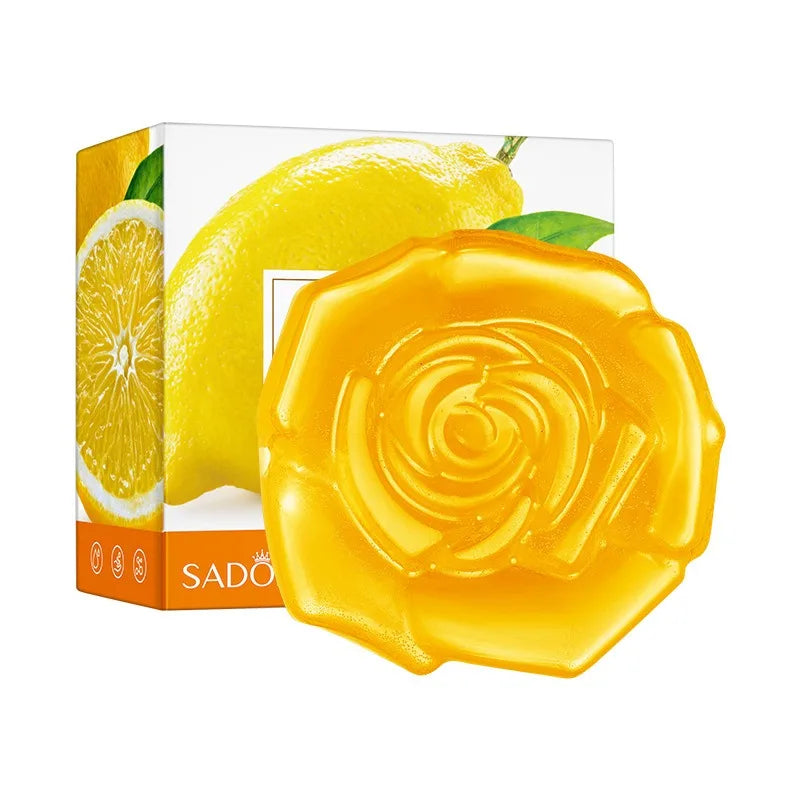 Rose-shaped yellow soap with lemon-themed packaging for hydrating cleansing on Tampa Home & Garden Store