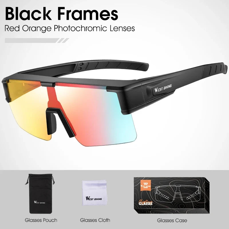 West Biking cycling sunglasses with black frames and red orange photochromic UV400 lenses on Tampa Home & Garden Store