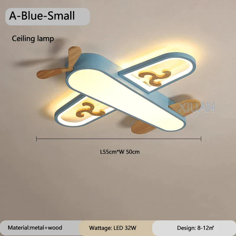 DecorBites Kids Airplane ceiling pendant light blue metal with wood prop wings LED on Tampa Home & Garden Store