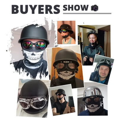 DOT half helmet retro motorcycle by BikerZoneZ; black skull-goggle helmet collage on Tampa Home & Garden Store