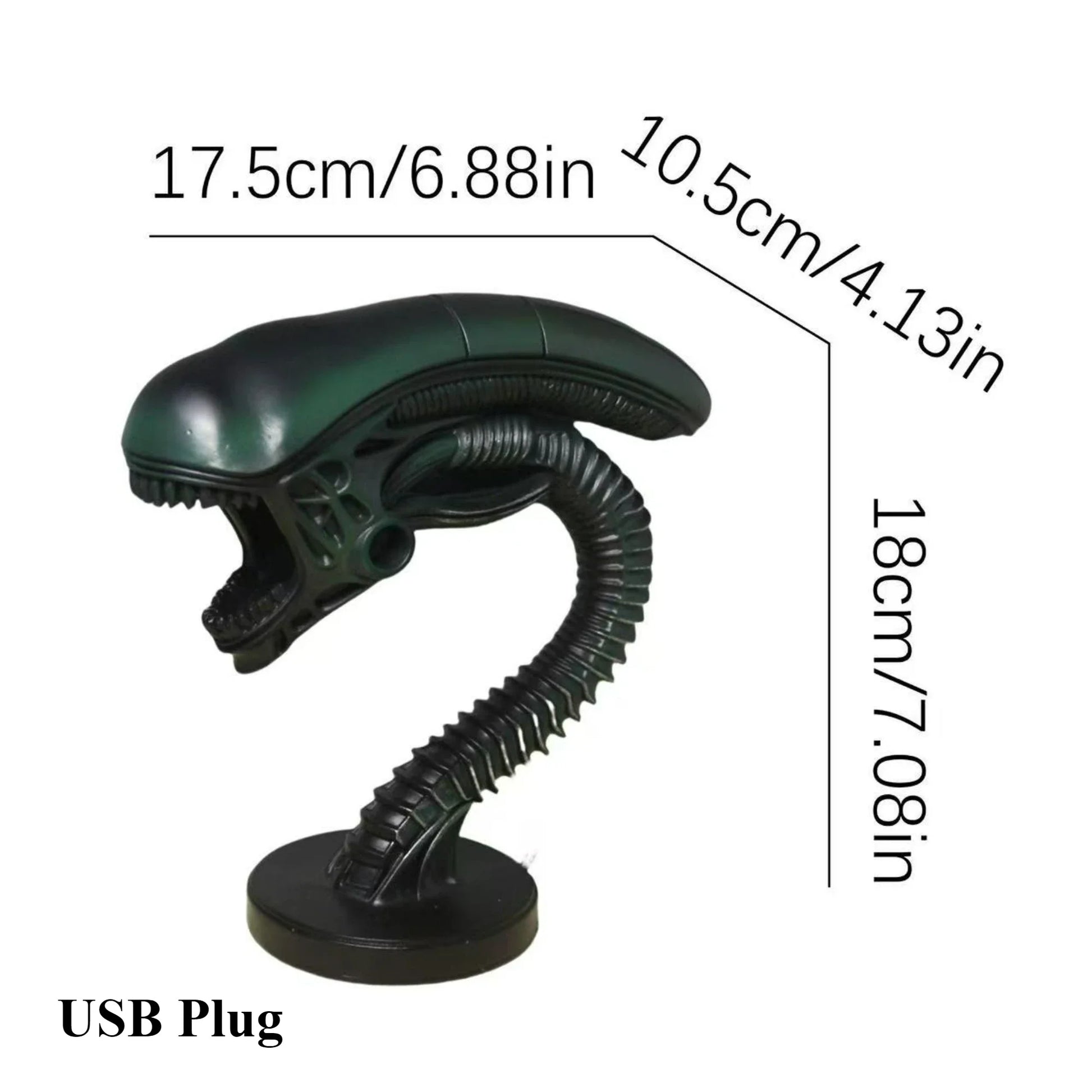 Perfecsy Alien resin figurine lamp stand in dark green with a coiled neck USB plug on Tampa Home & Garden Store