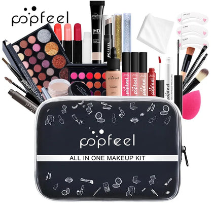 Popfeel all-in-one makeup kit in navy zip case with eyeshadow palette and lipsticks on Tampa Home & Garden Store