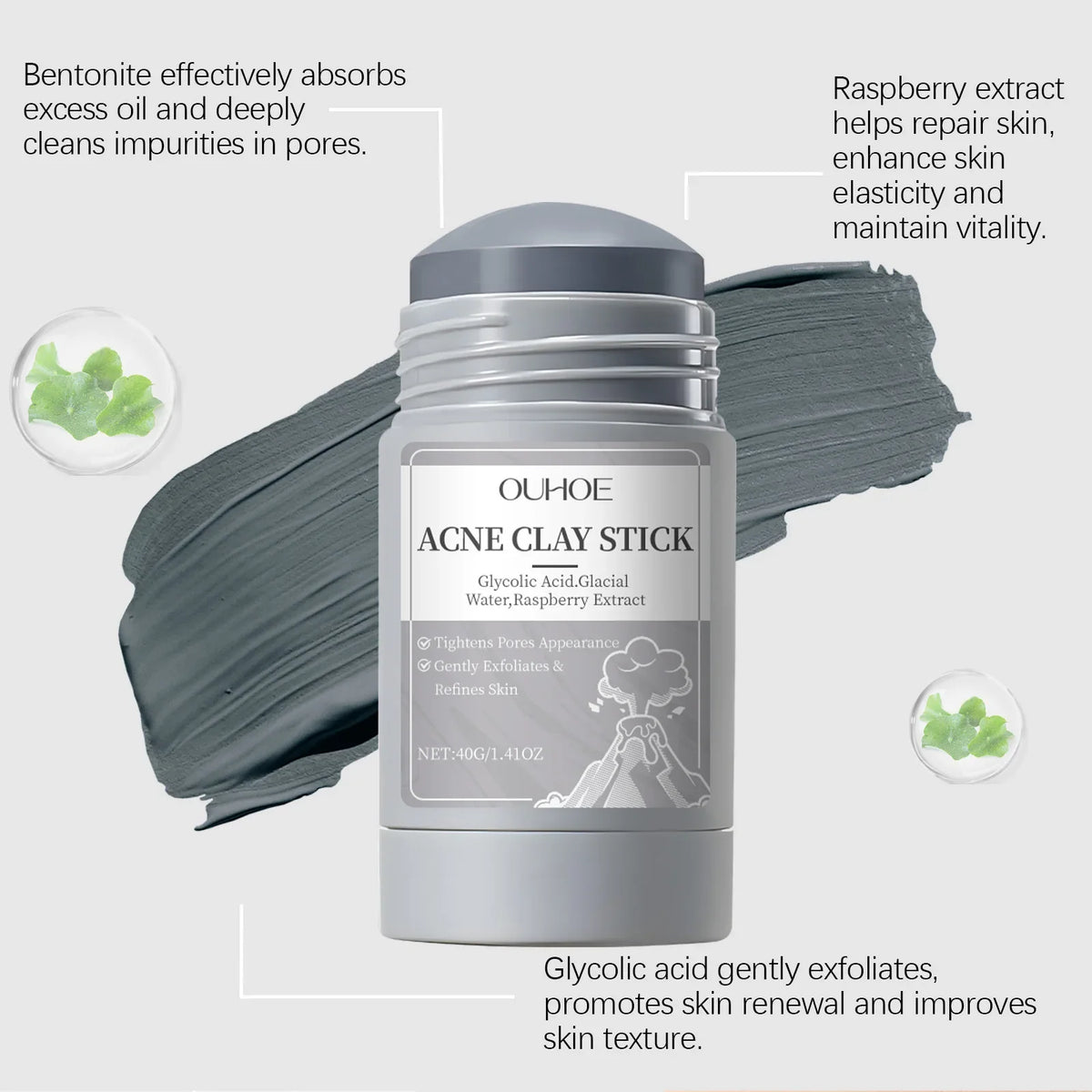 Acne clay stick bottle with gray cap, OUHOE label, grey brush backdrop, mint glass bubbles on Tampa Home & Garden Store