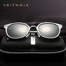 Metallic silver aluminium magnesium round sunglasses with polarized UV400 lenses VEITHDIA on Tampa Home & Garden Store