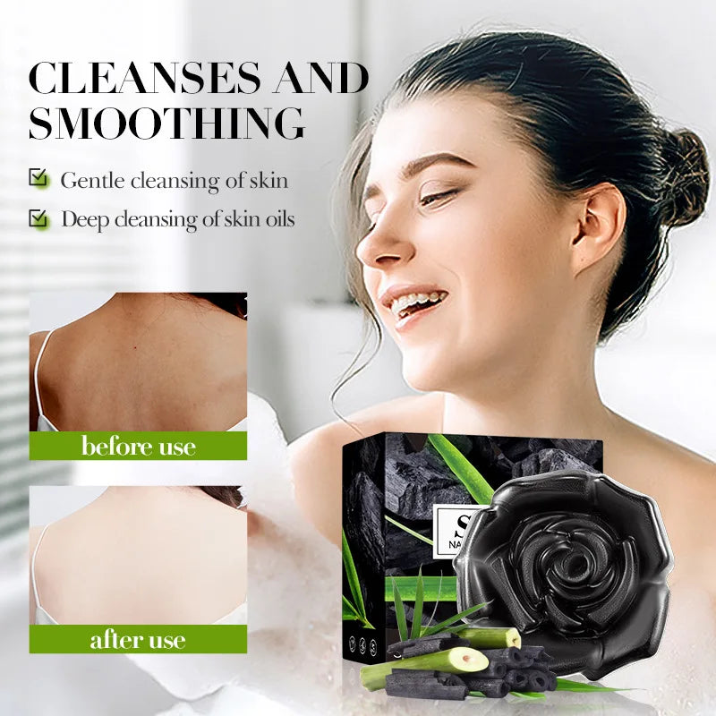 Silcy Skin 1Box Bamboo Charcoal Soap with bamboo leaves, before/after skincare visuals on Tampa Home & Garden Store