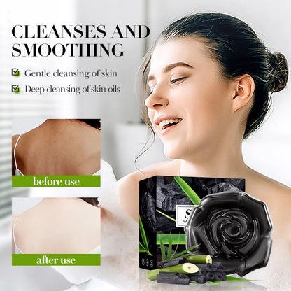 Silcy Skin 1Box Bamboo Charcoal Soap with bamboo leaves, before/after skincare visuals on Tampa Home & Garden Store