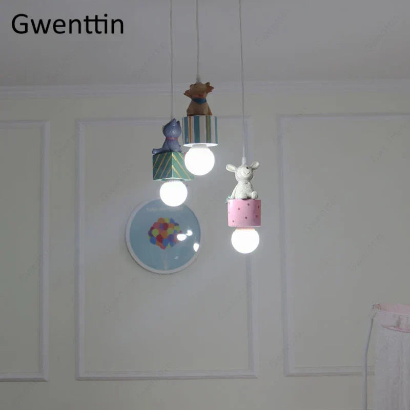 DecorBites Kids Animal Pendant Lamp trio rabbit lion cat LED ceiling fixtures with pastel bases on Tampa Home & Garden Store