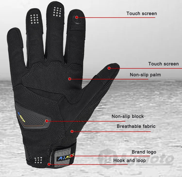 Dirtpaw Race Motorcycle Gloves BikerZoneZ, black breathable fabric, touchscreen fingertips on Tampa Home & Garden Store