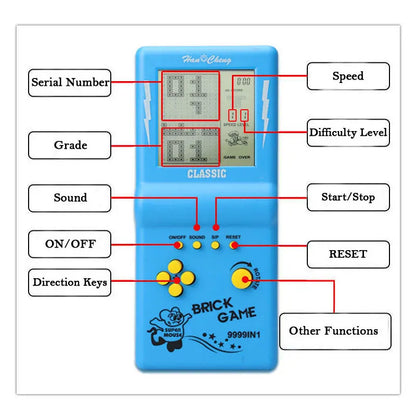 Blue rechargeable handheld brick game console with yellow D-pad and buttons, LCD display on Tampa Home & Garden Store