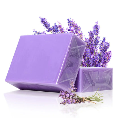 Lavender essential oil organic handmade soap by Silcy Skin, purple blocks with clear wrap on Tampa Home & Garden Store