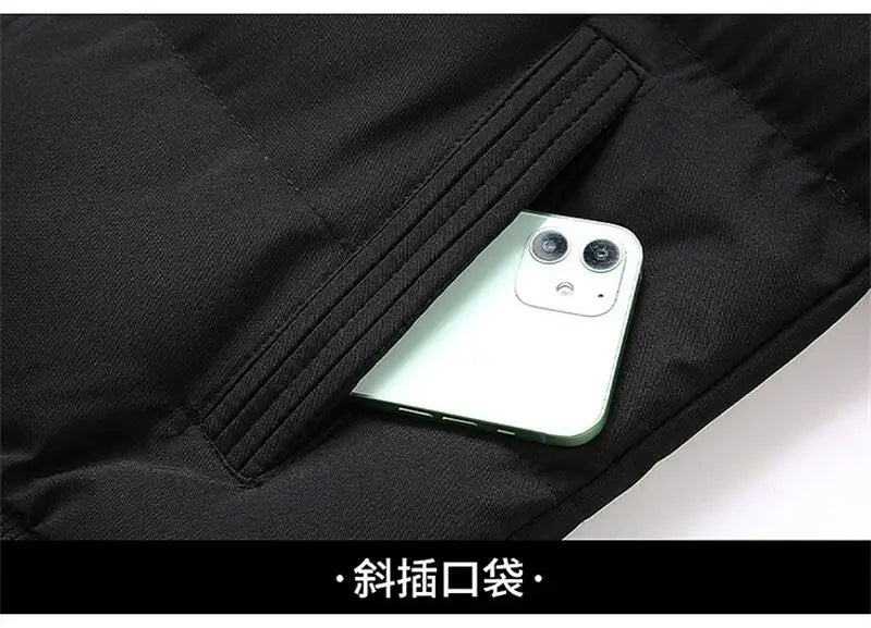 Men's winter jacket UpTrend Deals black thick puffer with diagonal side pocket holding a phone on Tampa Home & Garden Store