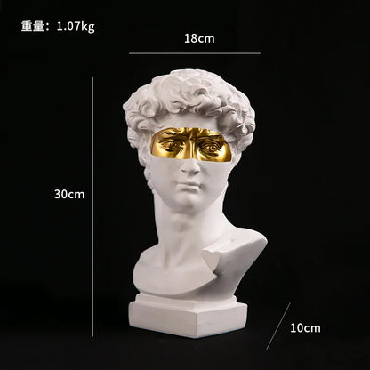 David head bust statue in white resin with gold mask, modern abstract home decor on Tampa Home & Garden Store