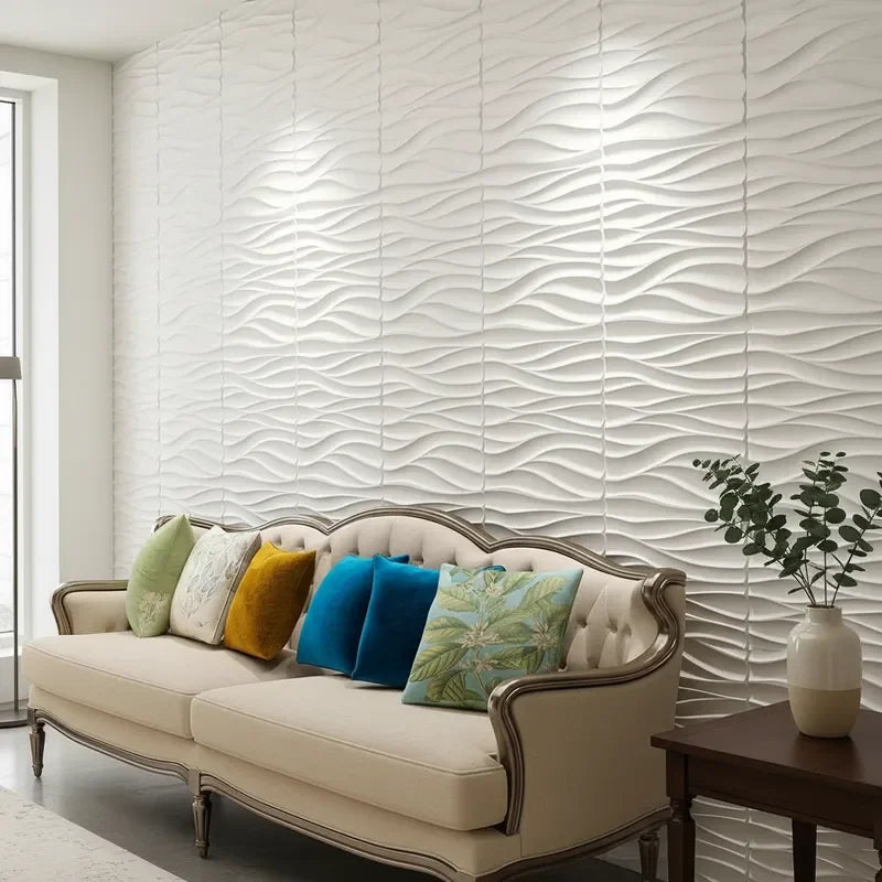 Perfecsy 12Pcs 50x50cm 3D PVC wall panels with white wavy texture for living room wall on Tampa Home & Garden Store