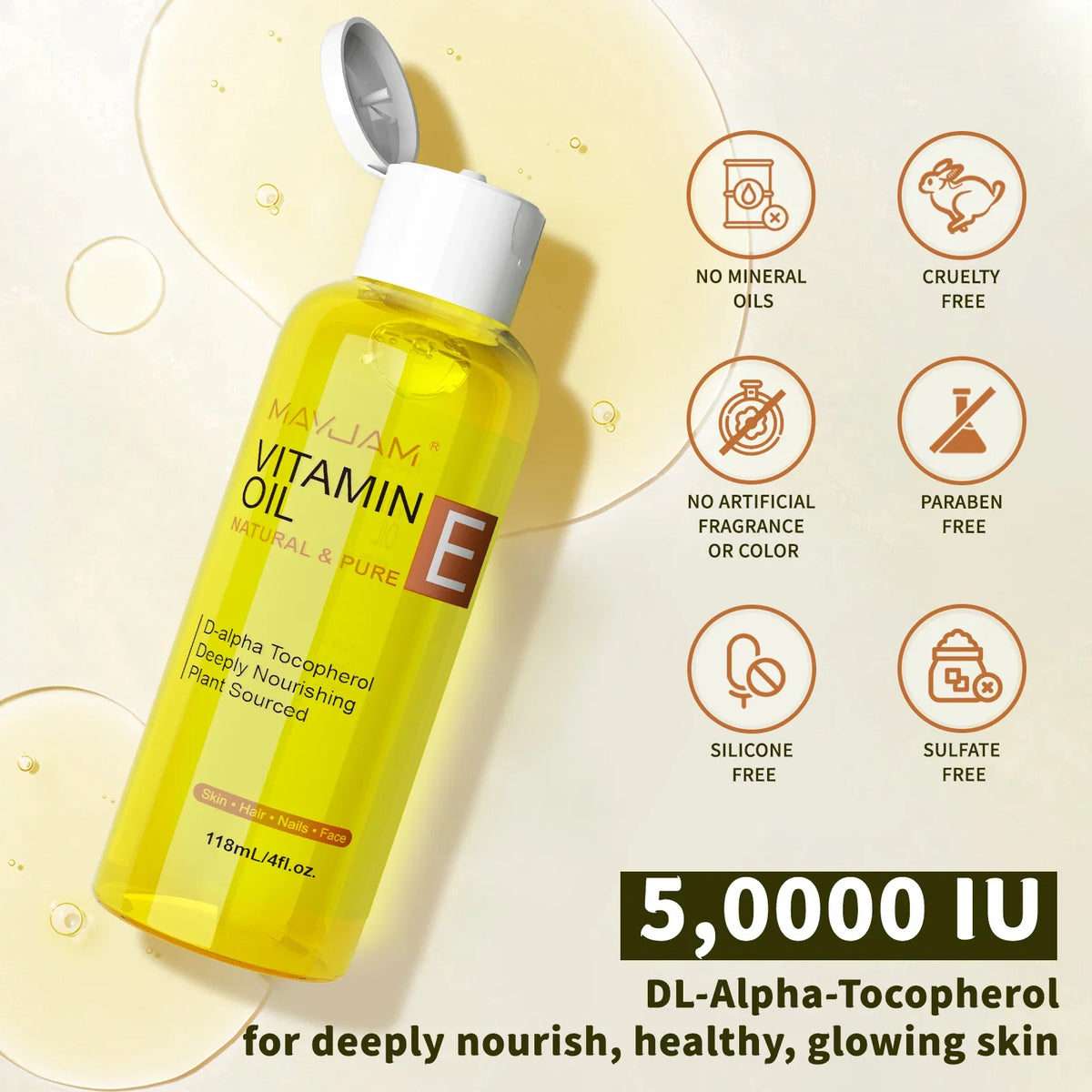 Yellow MAYJAM Vitamin E Oil bottle with white pump, 118ml skincare oil on Tampa Home & Garden Store