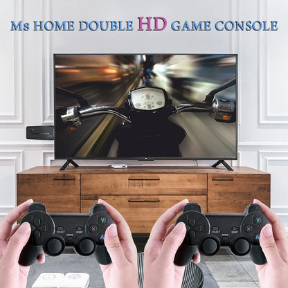 M8 wireless game stick 64GB retro console with dual controllers in front of a TV on a wood stand on Tampa Home & Garden Store