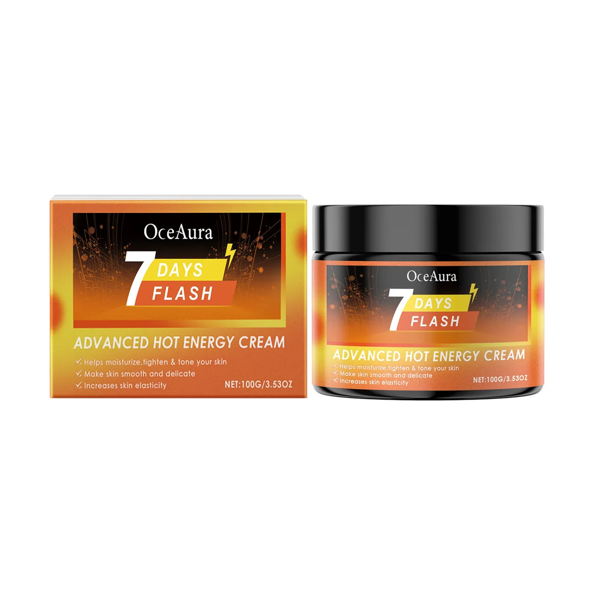 OceAura 7 DAYS FLASH Advanced Hot Energy Cream box and jar in orange gradient packaging on Tampa Home & Garden Store