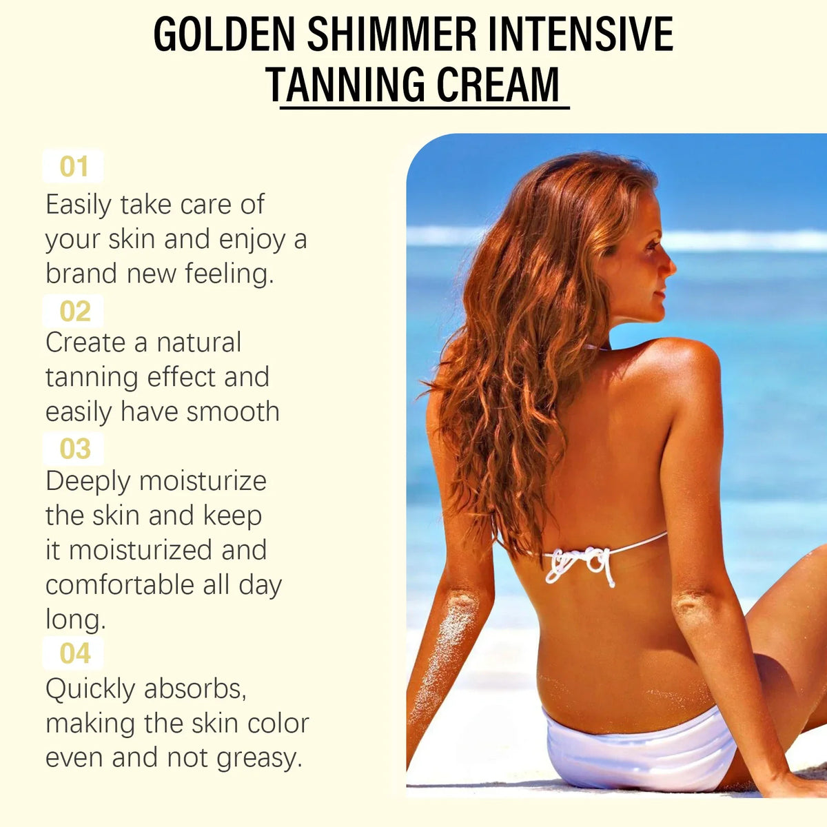 Golden Shimmer Intensive Tanning Cream by Silcy Skin banner featuring a sun-kissed beach model on Tampa Home & Garden Store