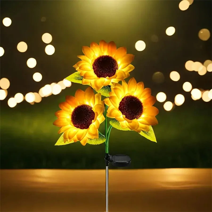 Perfecsy 1/3-Head Sunflower Solar LED Light with warm white glow for garden patio yard stake on Tampa Home & Garden Store