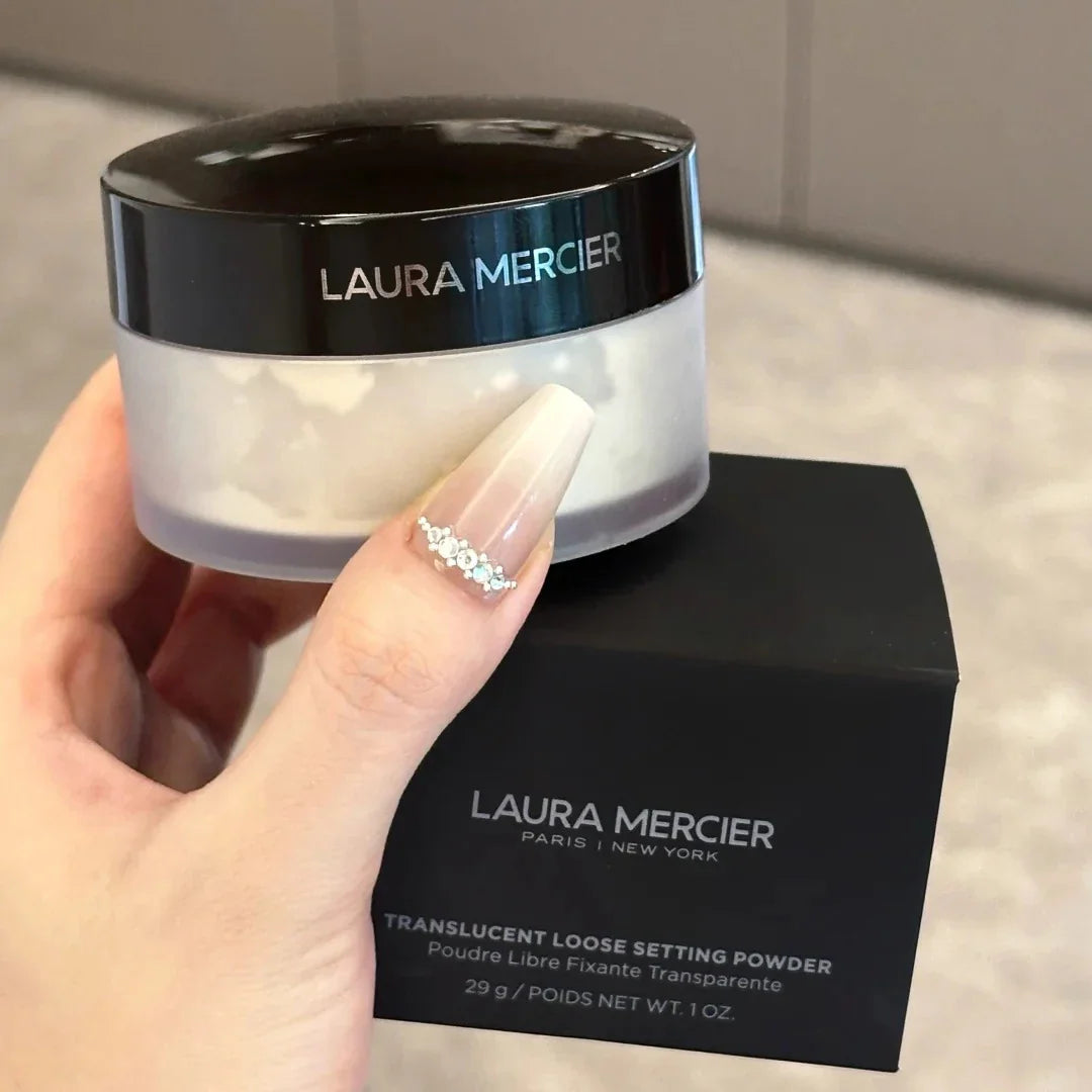 Laura Mercier translucent loose setting powder jar with black lid and visible logo on lid on Tampa Home & Garden Store