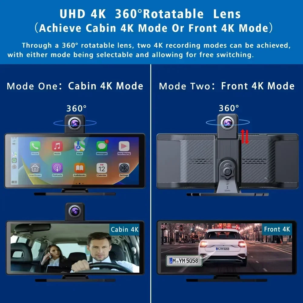 10.26-inch black CarPlay screen with wireless stereo, 360 rotating lens cabin/front 4K modes on Tampa Home & Garden Store