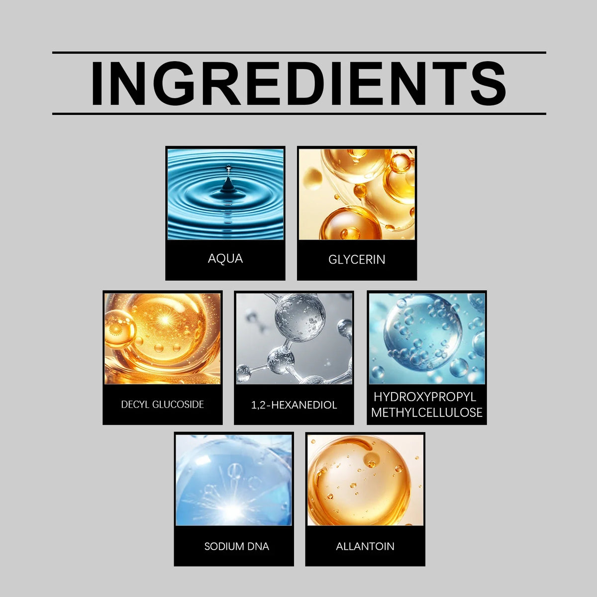 HOYGI Facial Gel ingredients grid shows AQUA and GLYCERIN on Tampa Home & Garden Store on Tampa Home & Garden Store