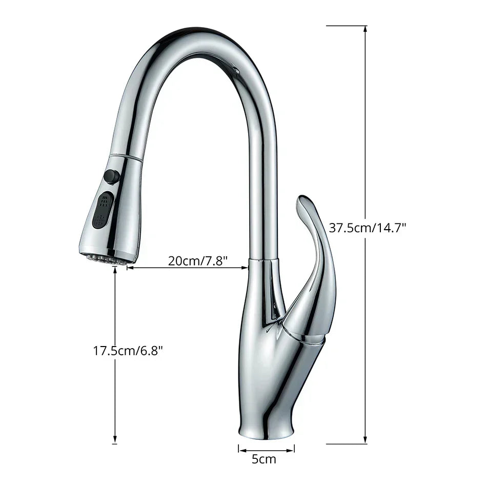 DecorBites chrome pull-out kitchen faucet with black spray head and 2-function spout on Tampa Home & Garden Store