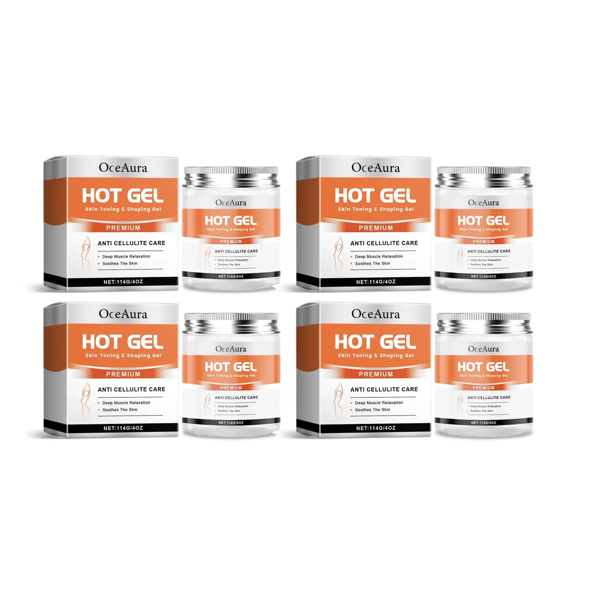 OceAura HOT GEL anti cellulite care jars and boxes with orange labels, 8-pack display on Tampa Home & Garden Store