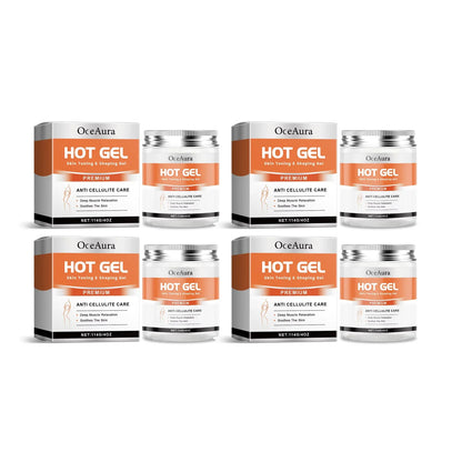 OceAura HOT GEL anti cellulite care jars and boxes with orange labels, 8-pack display on Tampa Home & Garden Store