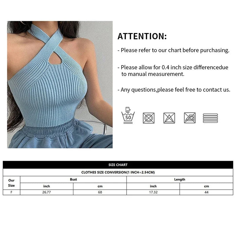 Women's halter crop top knitted light-blue ribbed fabric with cross-back straps on Tampa Home & Garden Store