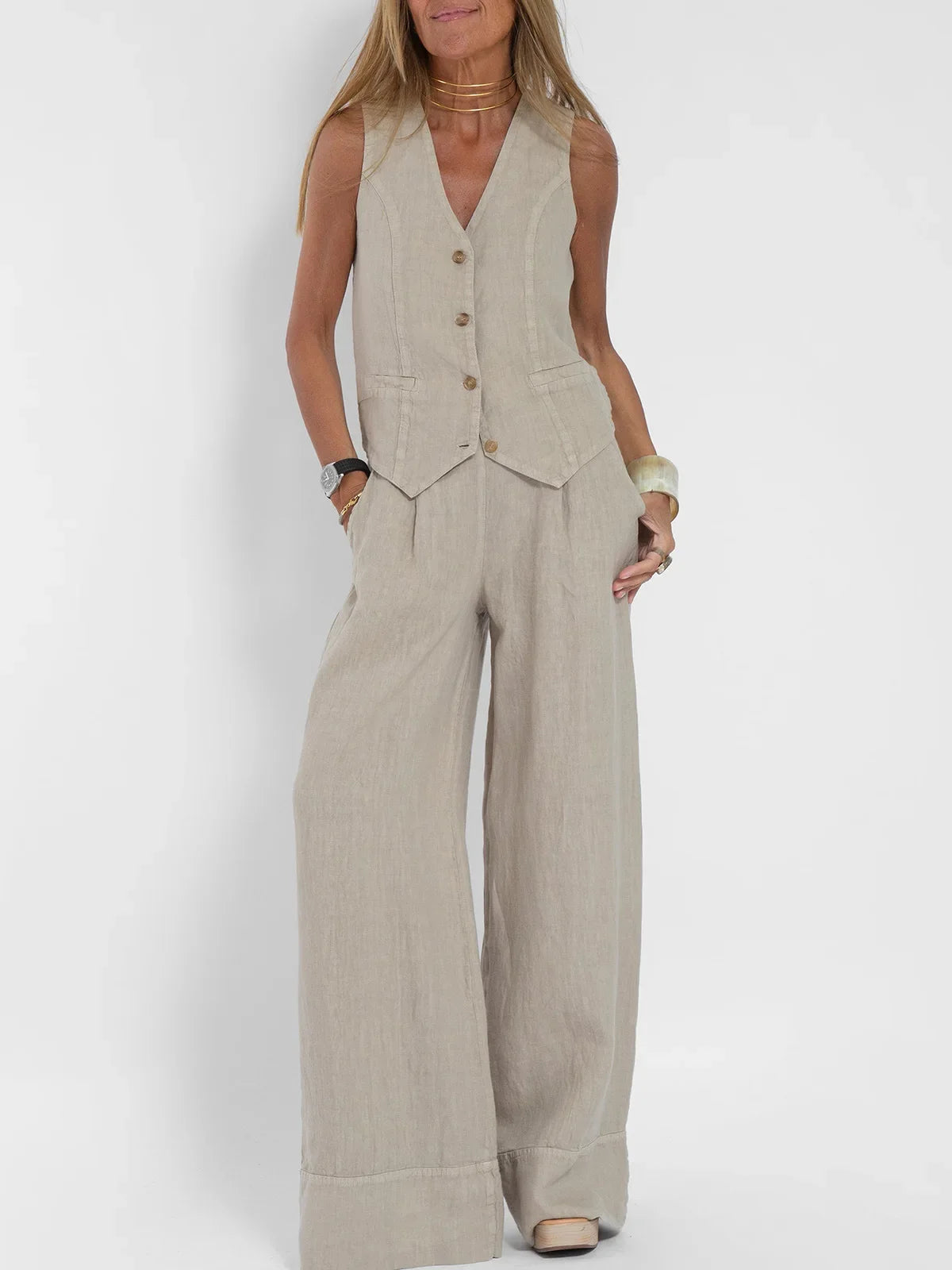 Beige sleeveless vest and wide-leg linen pants two-piece set by UpTrend Deals on Tampa Home & Garden Store