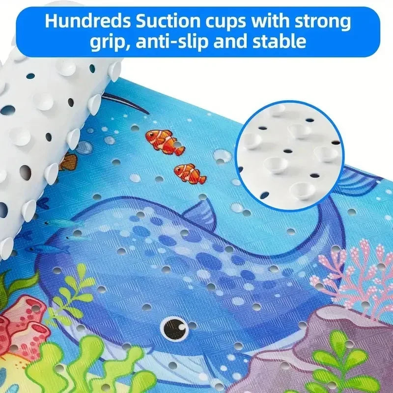 Cartoon extra long bathtub mat 40x100cm in blue ocean design with suction cups and drain holes on Tampa Home & Garden Store