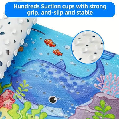 Cartoon extra long bathtub mat 40x100cm in blue ocean design with suction cups and drain holes on Tampa Home & Garden Store