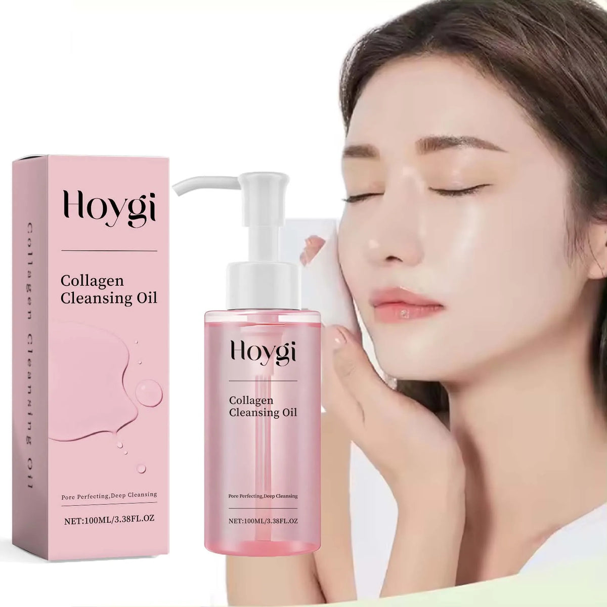 Collagen Cleansing Oil by Hoygi in pink bottle with pump beside pink box, model with eyes closed on Tampa Home & Garden Store