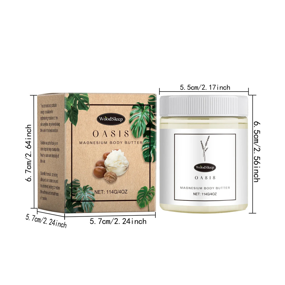 WoodSleep Oasis Magnesium Body Butter box with tropical leaves and clear jar lid on Tampa Home & Garden Store