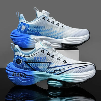 Running Shoes EstaliosFit carbon plate cushioned design white blue with black outsole pair on Tampa Home & Garden Store