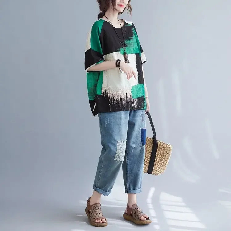 Women Summer T-shirt Retro Loose Cotton Linen Top, UpTrend Deals, green/black/cream abstract print on Tampa Home & Garden Store