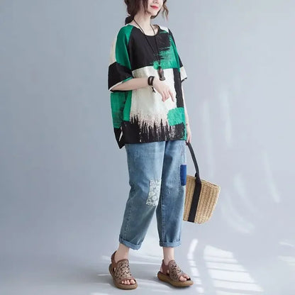 Women Summer T-shirt Retro Loose Cotton Linen Top, UpTrend Deals, green/black/cream abstract print on Tampa Home & Garden Store