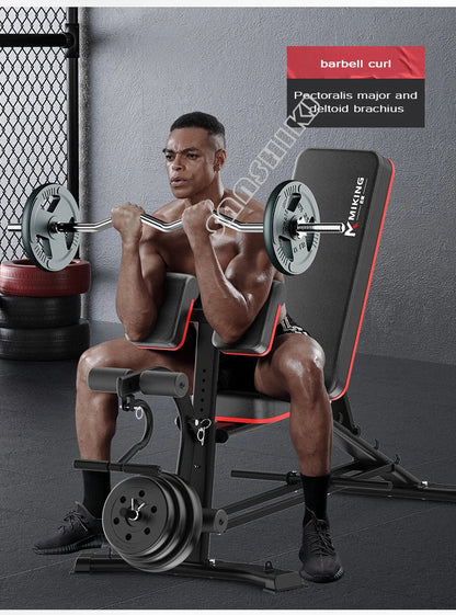 Adjustable weightlifting bench UpTrend Deals with red-trim padding and 1 barbell with plates on Tampa Home & Garden Store