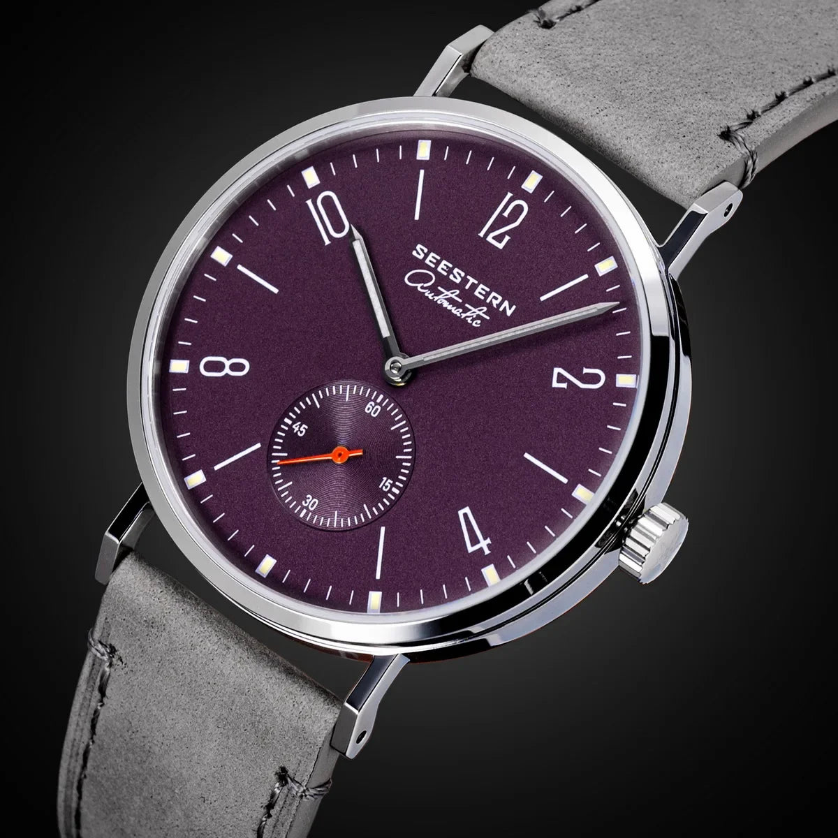 Men's ultra-thin automatic watch burgundy dial stainless steel case grey suede strap Seestern on Tampa Home & Garden Store