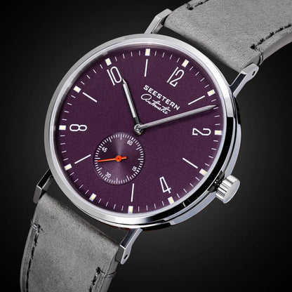 Men's ultra-thin automatic watch burgundy dial stainless steel case grey suede strap Seestern on Tampa Home & Garden Store