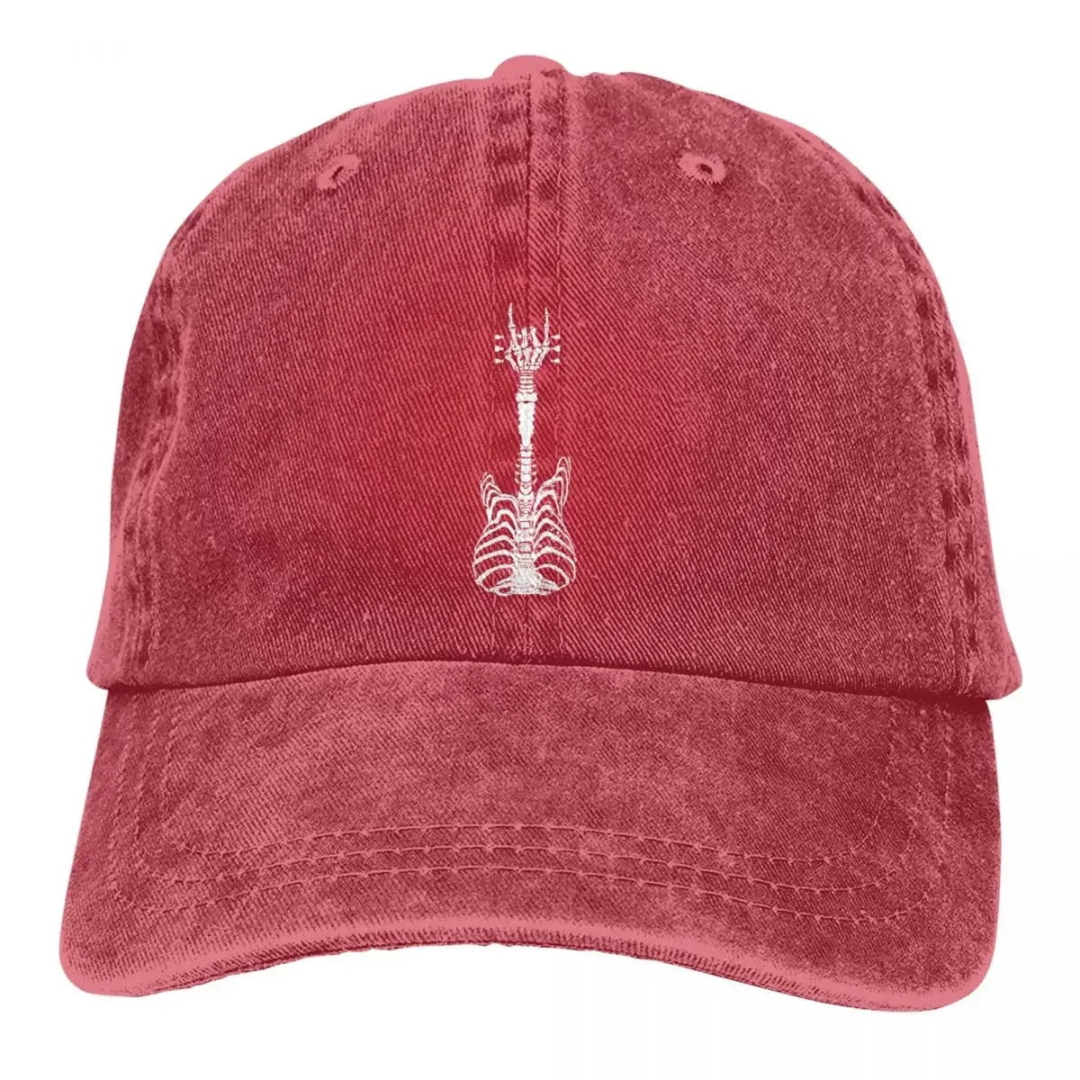 Rock & Roll Skeleton Cap, red velvet fabric, white skeleton guitar embroidery by BikerZoneZ on Tampa Home & Garden Store