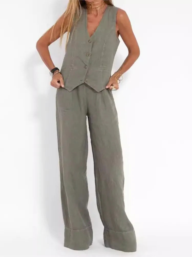 Women's sleeveless vest and pants set in olive green with button-front vest by UpTrend Deals on Tampa Home & Garden Store