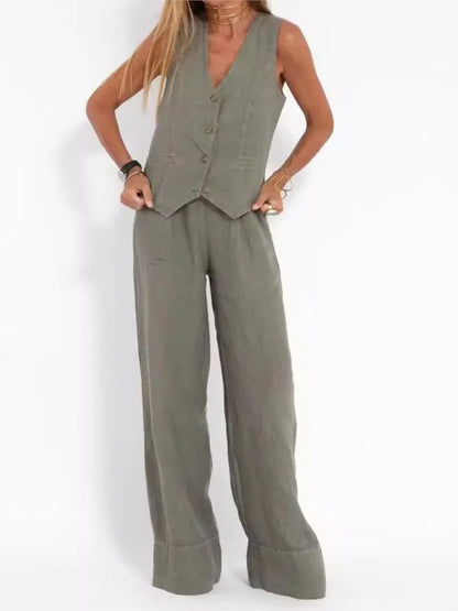 Women's sleeveless vest and pants set in olive green with button-front vest by UpTrend Deals on Tampa Home & Garden Store