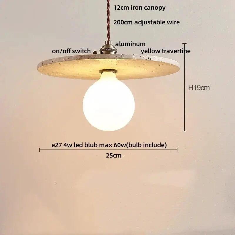 DecorBites LED pendant lamp with aluminum body and travertine canopy, illuminated bulb on Tampa Home & Garden Store