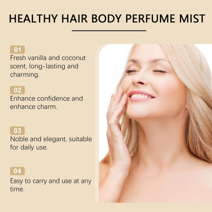 Silcy Skin Vanilla Coconut Body Hair Mist travel-size spray shown applying fragrance on Tampa Home & Garden Store
