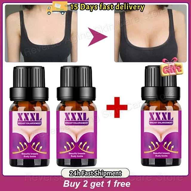 Breast Enlargement XXXL essential oil set by Silcy Skin 3 purple bottles before after bust on Tampa Home & Garden Store