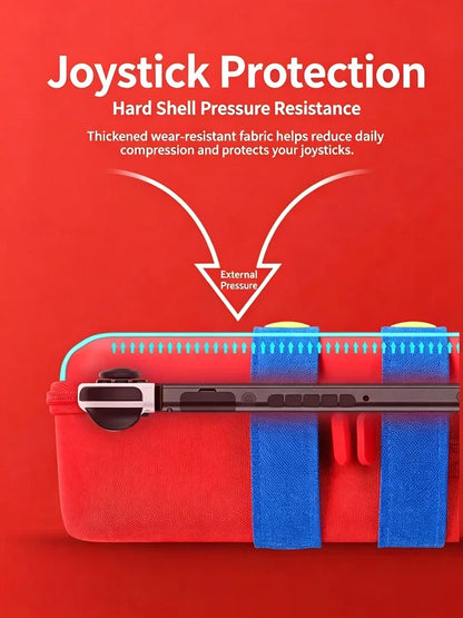 Hard shell carrying case for Nintendo Switch 2 with red exterior and blue straps on Tampa Home & Garden Store