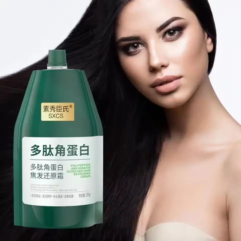 Silcy Skin 250g Polypeptide Keratin Deep Conditioner bottle, green plastic with hair on Tampa Home & Garden Store